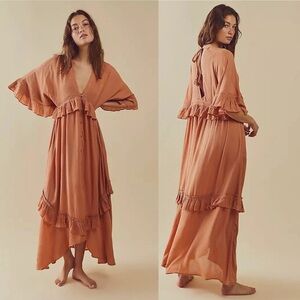NEW Free People Paradiso Ruffles Duster Maxi Dress Endless Summer Sandstorm M